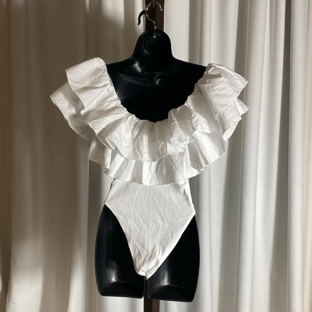 ZARA NEW RUFFLE SLEEVE BODYSUIT RIBBED Size M - Picture 8 of 12